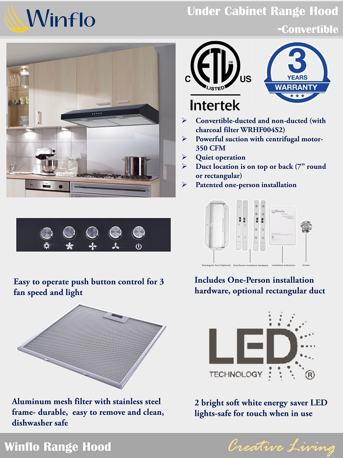 Winflo 30 in. 350 CFM Convertible Under Cabinet Range Hood in Black